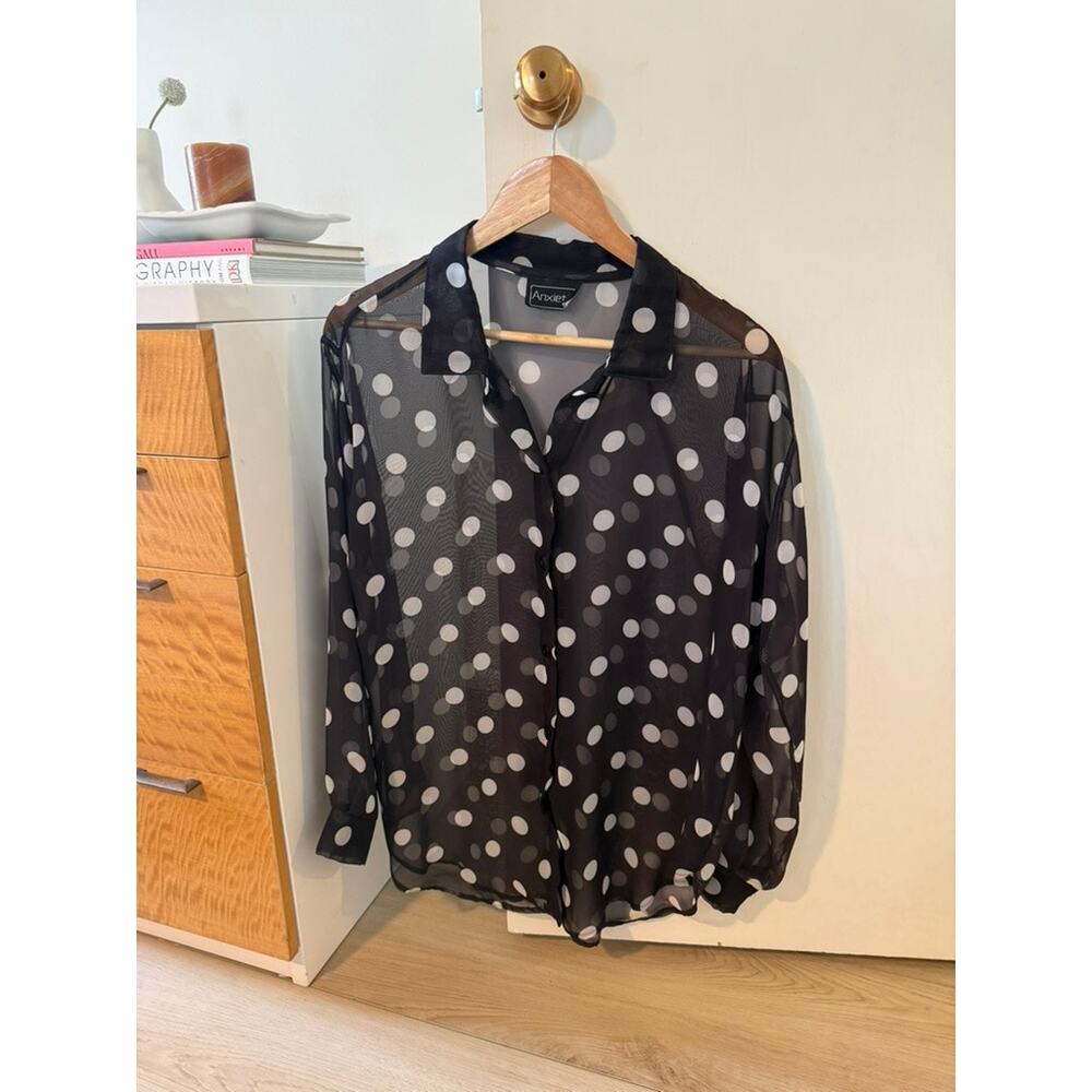 Vintage Sheer Polka Dot Blouse Black White Button Up Mesh Top ✨